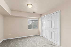 Unfurnished bedroom featuring carpet flooring, a textured ceiling, and a closet