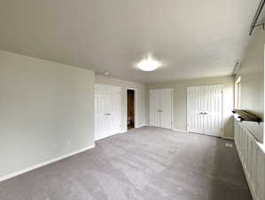 Unfurnished bedroom featuring multiple closets, carpet floors, ensuite bath, and a textured ceiling