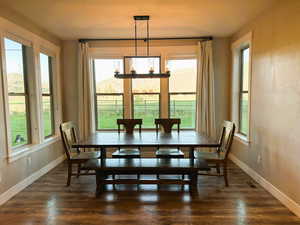 Dining space featuring baseboards and dark wood-style flooring