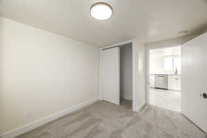 Unfurnished bedroom featuring light colored carpet, a closet, and a textured ceiling