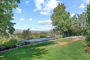 View of green lawn featuring a trampoline