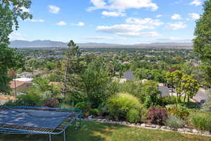 Aerial perspective of suburban area with mountains and a tree filled landscape