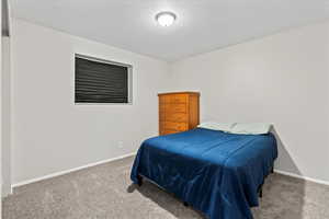 Bedroom featuring carpet flooring and a textured ceiling