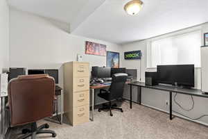 Office space with light colored carpet