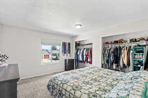 Bedroom featuring carpet flooring, a textured ceiling, and multiple closets