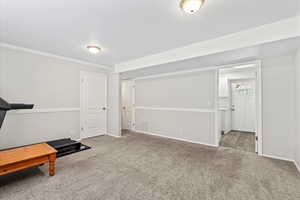 Exercise room with carpet floors and ornamental molding