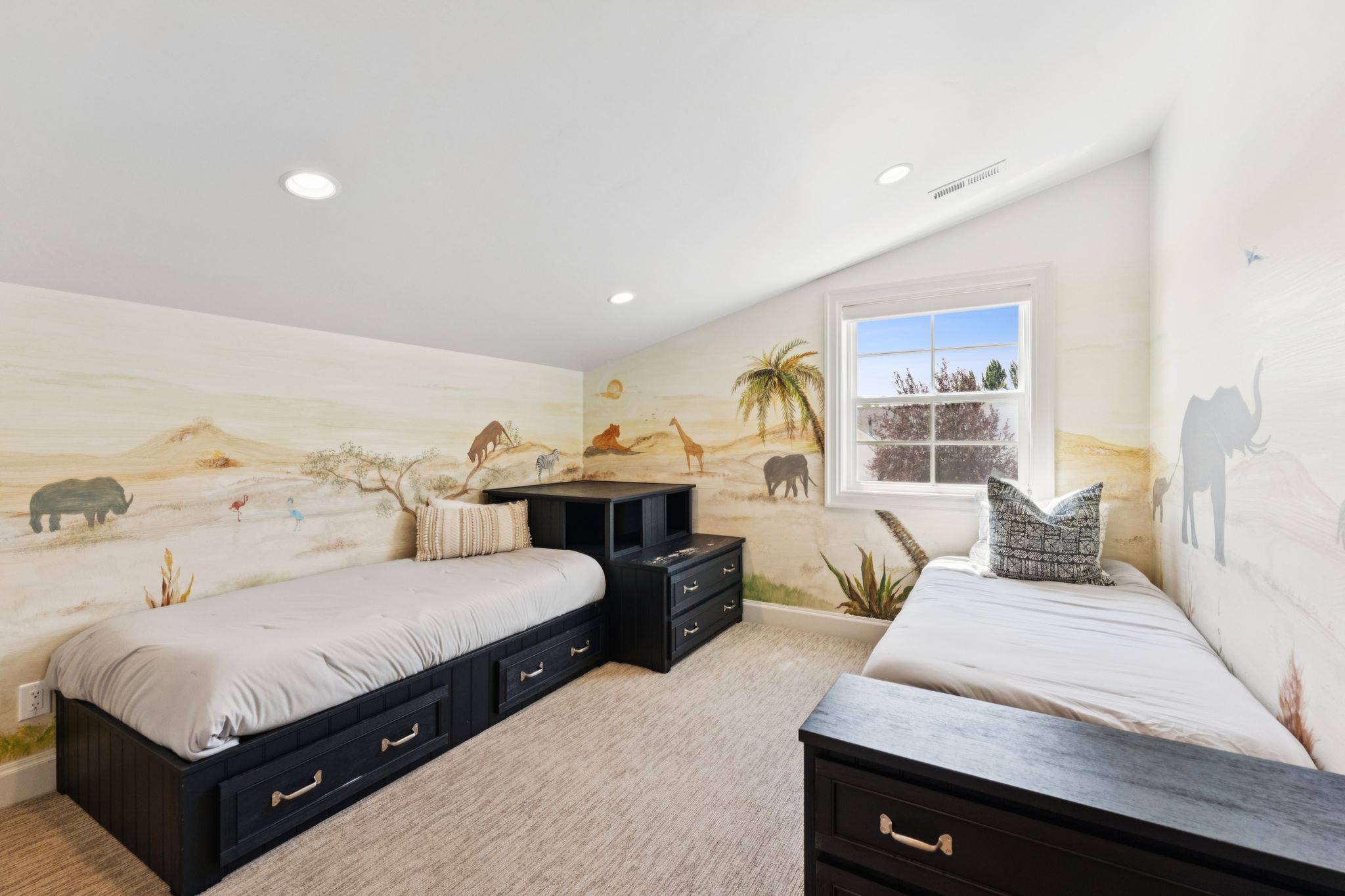 Bedroom with lofted ceiling, recessed lighting, and light carpet