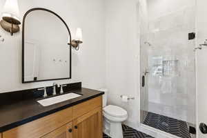 Full bathroom with vanity, a shower stall, and dark tile patterned floors