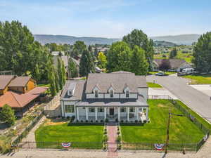 Aerial perspective of suburban area with mountains