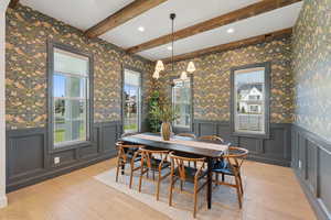 Dining space featuring wallpapered walls, wainscoting, a chandelier, beamed ceiling, and light wood-style floors