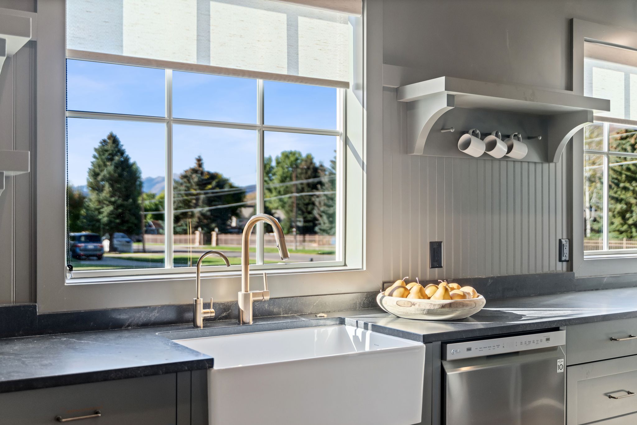 Kitchen featuring dishwasher and dark stone counters