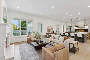 Living area featuring recessed lighting, light wood-style floors, and a premium fireplace