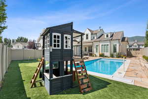 Rear view of house featuring a fenced backyard and a patio