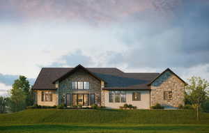 Craftsman house featuring stone siding, a front lawn, and roof with shingles