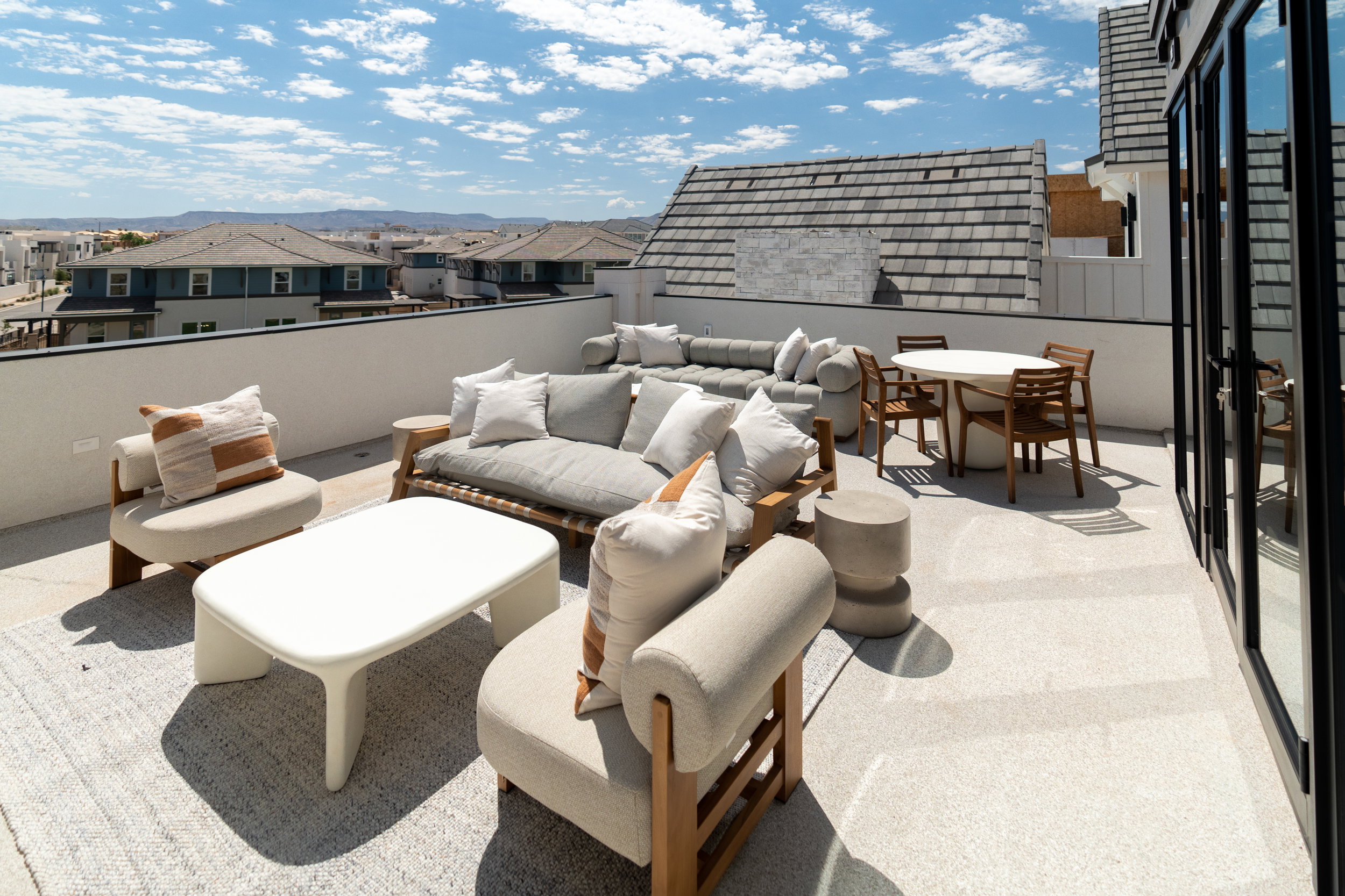 View of patio with an outdoor living space, a residential view, and outdoor dining area