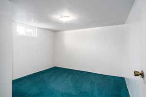 Unfurnished room featuring carpet and a textured ceiling