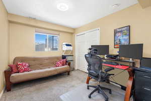 Carpeted office space with a textured ceiling