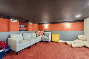Carpeted home theater room with a textured ceiling and ornamental molding