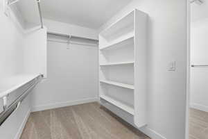 Walk in closet with light colored carpet