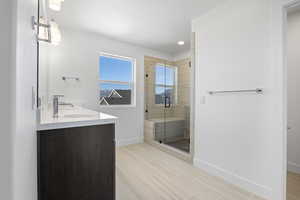 Bathroom with double vanity, a shower stall, wood tiled floors, and recessed lighting