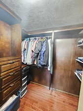 Walk in closet with wood finished floors