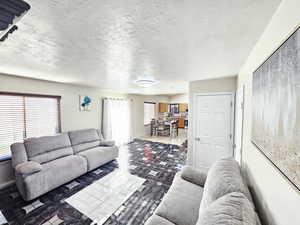 Living room featuring a textured ceiling