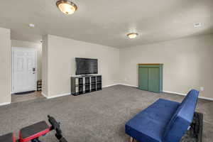 Unfurnished room with a textured ceiling and carpet