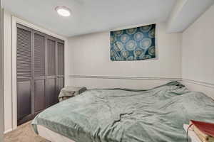 Bedroom featuring carpet floors and a closet
