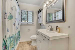 Full bathroom with ornamental molding, plenty of natural light, vanity, light tile patterned flooring, and a shower with shower curtain