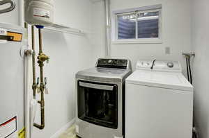 Laundry room featuring water heater and washer and clothes dryer