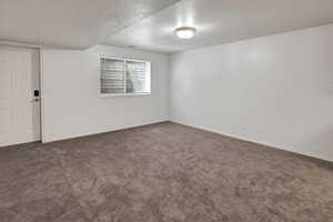 Below grade area with a textured ceiling and dark colored carpet
