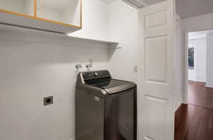 Laundry area with washer / clothes dryer and dark wood finished floors