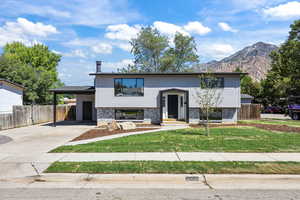 Split foyer home with driveway, brick siding, and an attached carport