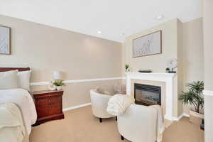 Bedroom featuring carpet, a glass covered fireplace, and recessed lighting