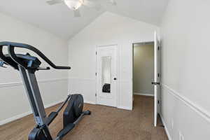 Workout room with lofted ceiling, carpet floors, and ceiling fan