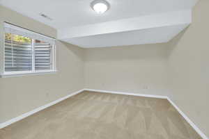 Additional living space featuring light colored carpet and a textured ceiling