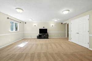 Basement with carpet floors and a textured ceiling