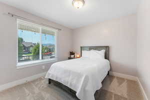 Bedroom with baseboards and light colored carpet