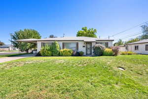 Ranch-style home featuring concrete driveway, a carport, and a front lawn
