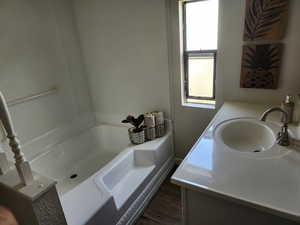 Bathroom with a bath, vanity, and dark wood-type flooring