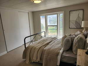 Carpeted bedroom with baseboards and a closet