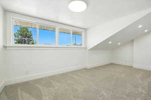 Unfurnished room featuring light colored carpet, a textured ceiling, and lofted ceiling