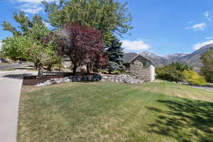 View of grassy yard featuring a mountain view