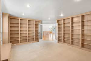 Below grade area with carpet flooring, built in shelves, and recessed lighting