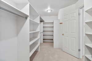 Spacious closet with light colored carpet