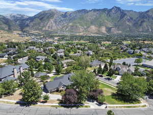Aerial view of residential area with mountains