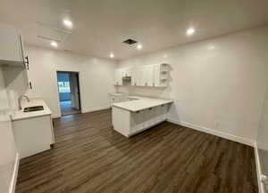 Kitchen with a peninsula, light countertops, white cabinets, open shelves, and dark wood-style floors