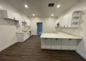Kitchen with a peninsula, open shelves, white cabinetry, recessed lighting, and dark wood-type flooring