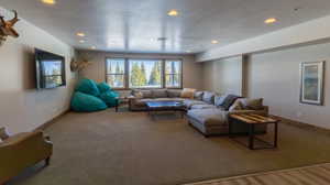 Family room featuring recessed lighting, wood finished floors, and carpet flooring
