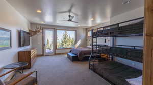Bedroom with light carpet, access to outside, recessed lighting, and a ceiling fan, sleeps 5